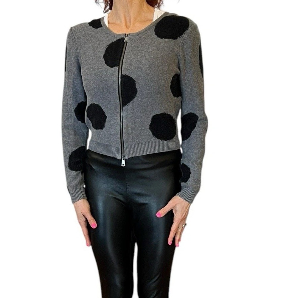 TRACY REESE FULL ZIP COTTON KNIT CROP CARDIGAN SWEATER GRAY POLKA DOT LARGE